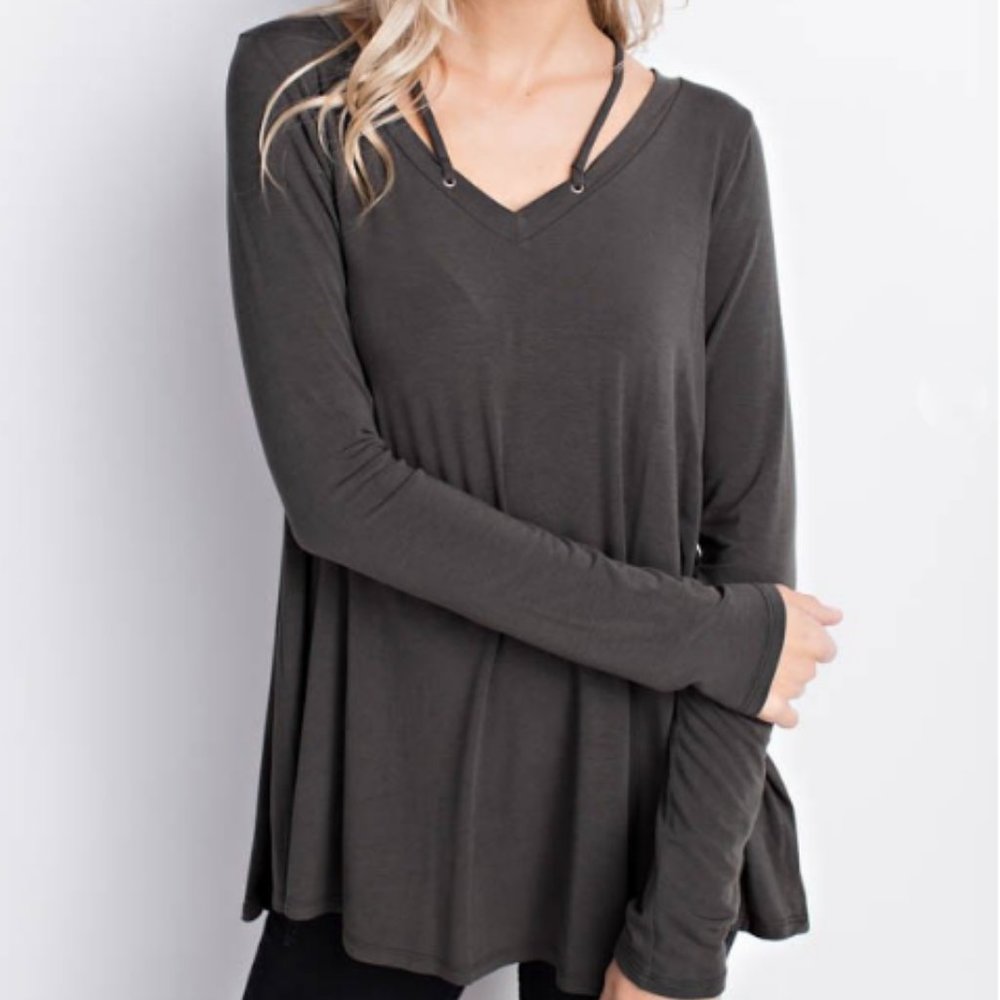 Olive Green Bamboo V Neck Long Sleeve Top - Picture 2 of 6